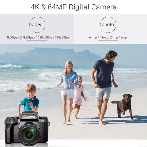 Digital Camera for Photography, 4K 64MP Wifi Vlogging Camera with Flash, Lens Hood, Front and Rear Camera, 4 Inch Touch Screen
