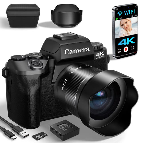 Digital Camera for Photography, 4K 64MP Wifi Vlogging Camera with Flash, Lens Hood, Front and Rear Camera, 4 Inch Touch Screen